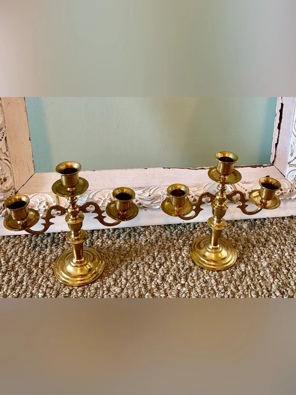 Polished Brass 3-Arm Candle Holders - Pair